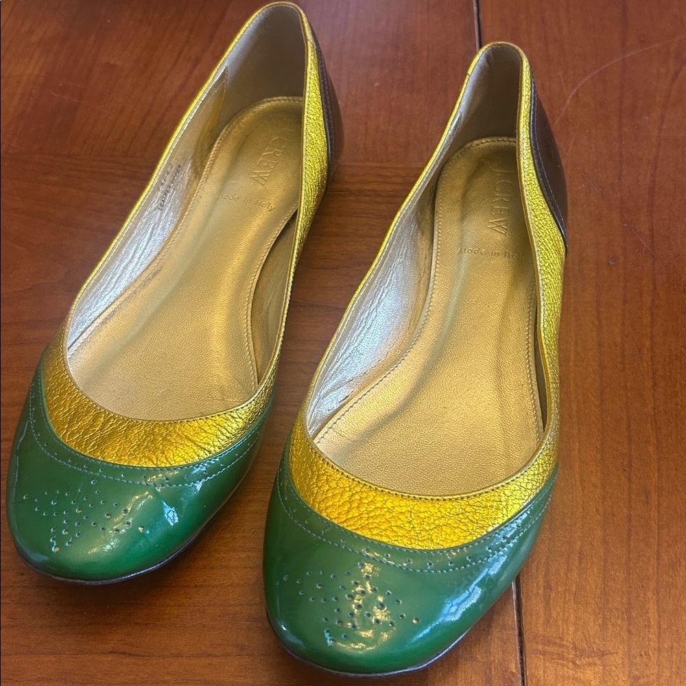 J Crew green gold and black Patent Metallic Slip On Lily Flats Size 7.5